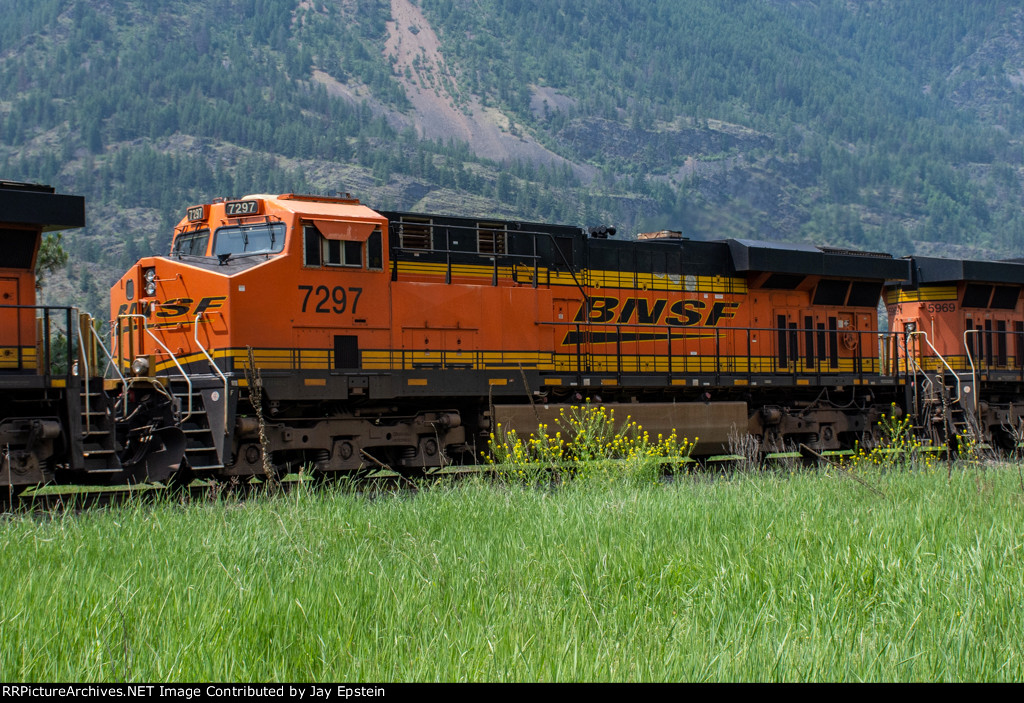 BNSF 7297 trails on an eastbound coal train 